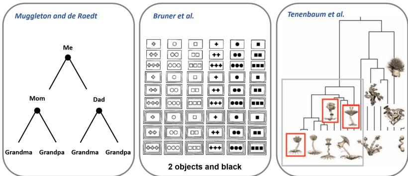A panel showing rule-based learning in three contexts: a family tree, a grid of cards, and a tree of alien objects.