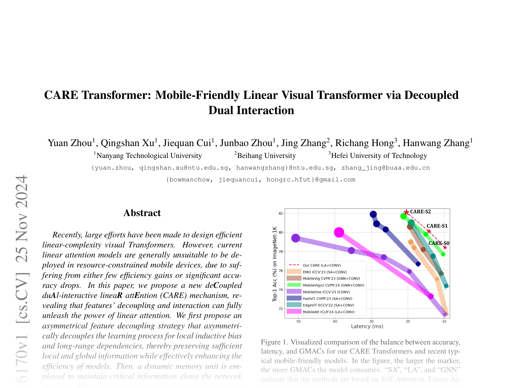 [CARE Transformer: Mobile-Friendly Linear Visual Transformer via Decoupled Dual Interaction 🔗](https://arxiv.org/abs/2411.16170)