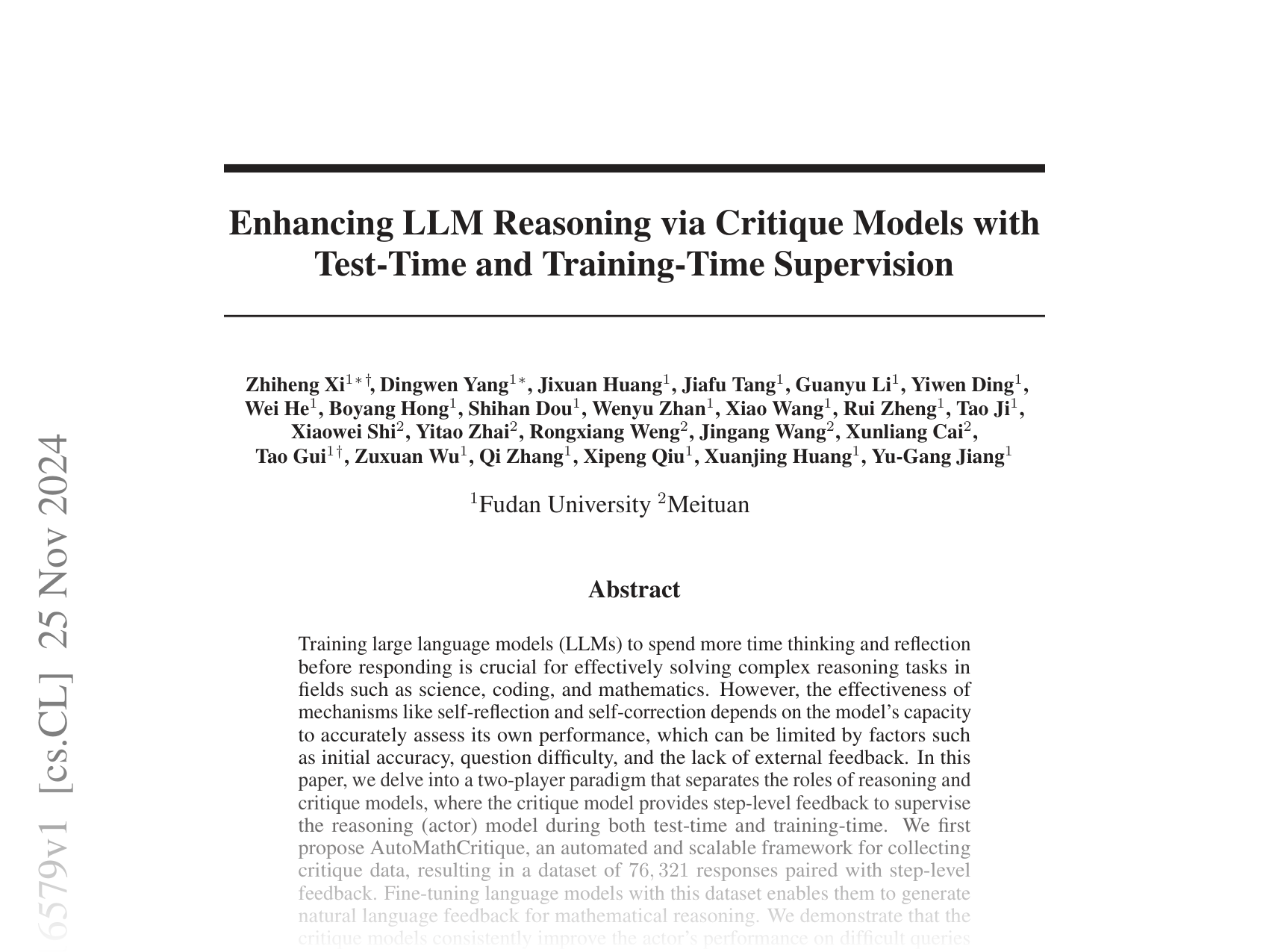 [Enhancing LLM Reasoning via Critique Models with Test-Time and Training-Time Supervision 🔗](https://arxiv.org/abs/2411.16579)