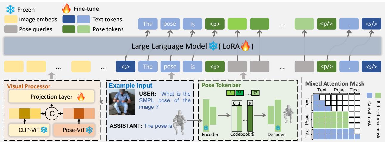 Figure 2. Method overview: UniPose comprises a Pose Tokenizer, Visual Processor and a pose-aware language LLM.