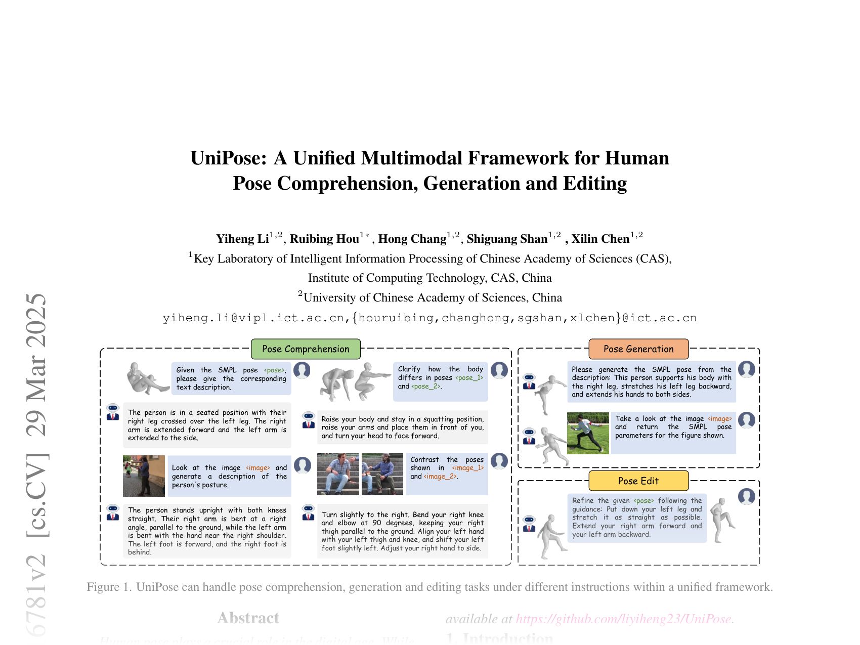 [UniPose: A Unified Multimodal Framework for Human Pose Comprehension, Generation and Editing 🔗](https://arxiv.org/abs/2411.16781)