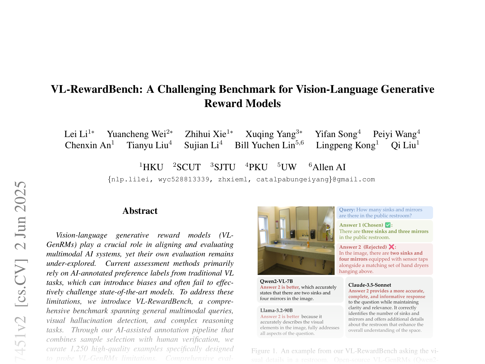 [VL-RewardBench: A Challenging Benchmark for Vision-Language Generative Reward Models 🔗](https://arxiv.org/abs/2411.17451)