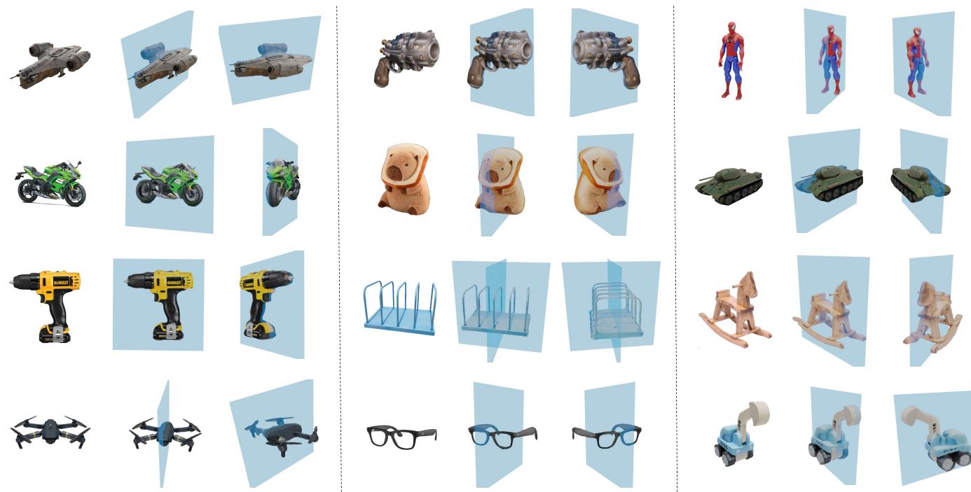 Figure 1. We propose Reflect3D, a zero-shot 3D reflection symmetry detector capable of accurately detecting 3D symmetry from a single RGB image of an arbitrary object. Conditioned on the detected symmetry, we improve single-image 3D generation in both geometry and texture quality.