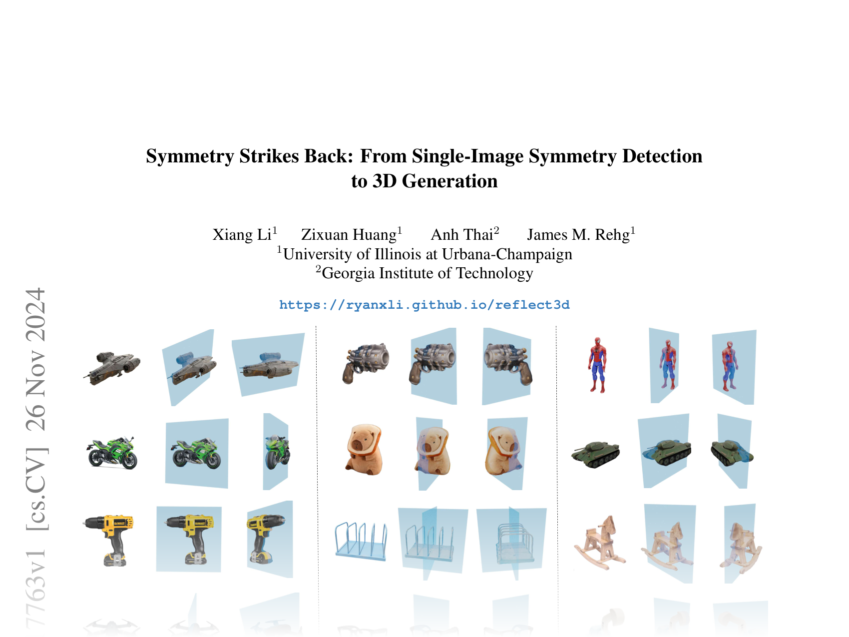 [Symmetry Strikes Back: From Single-Image Symmetry Detection to 3D Generation 🔗](https://arxiv.org/abs/2411.17763)