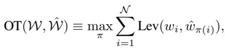 Equation defining the Optimal Transport mechanism using Levenshtein distance.