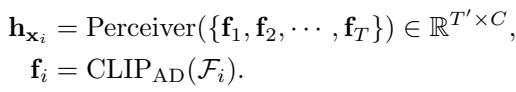 Equation showing the Perceiver processing CLIP features.
