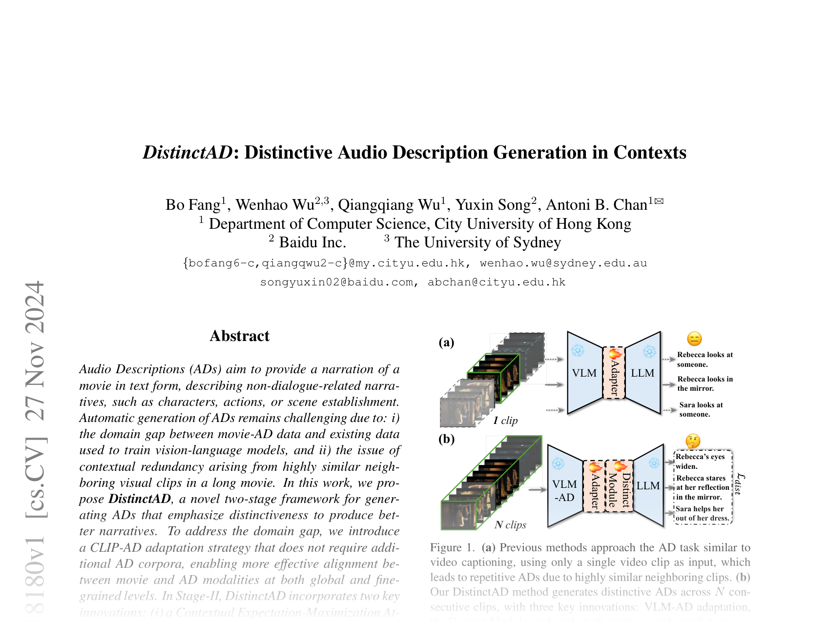 [DistinctAD: Distinctive Audio Description Generation in Contexts 🔗](https://arxiv.org/abs/2411.18180)