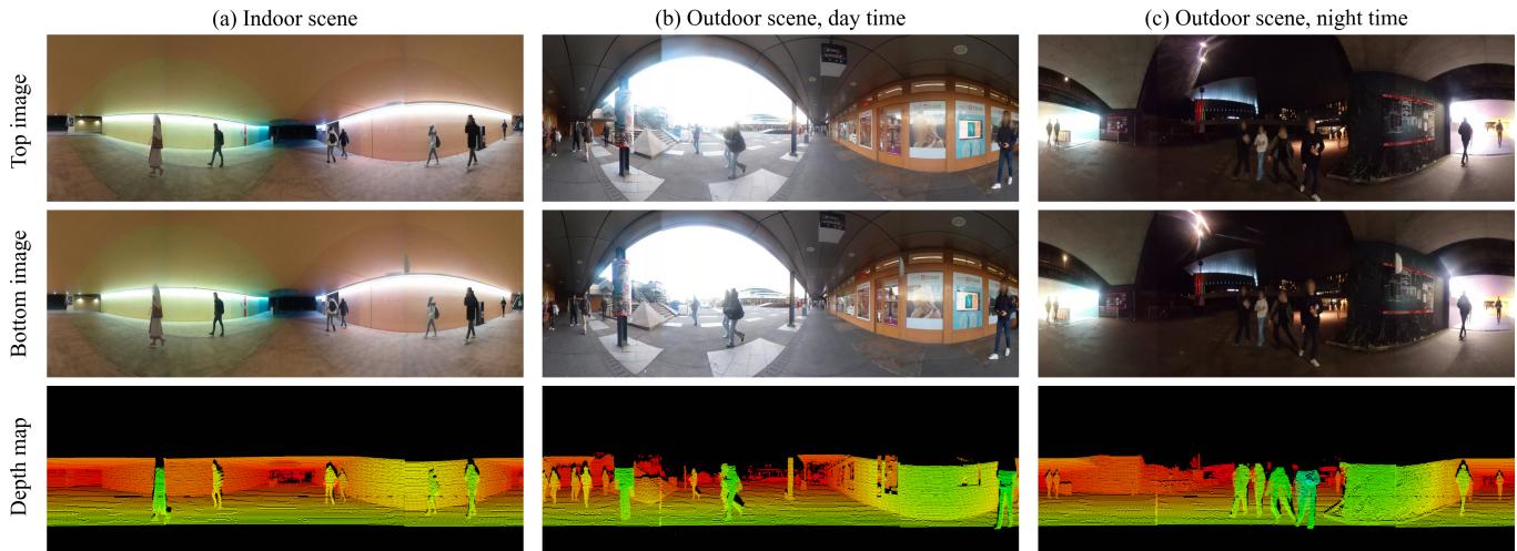 Examples from the HELVIPAD dataset showing indoor and outdoor scenes with corresponding depth maps.