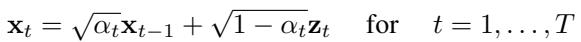 Equation 1: Forward diffusion process adding noise.