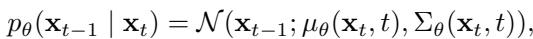 Equation 2: Reverse diffusion process reconstructing data.