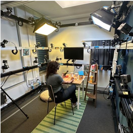 Motion-capture lab setup with infrared cameras.