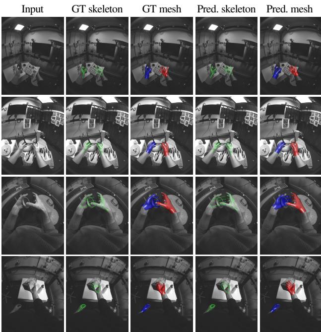 Example 3D hand pose tracking results showing skeletons and meshes.