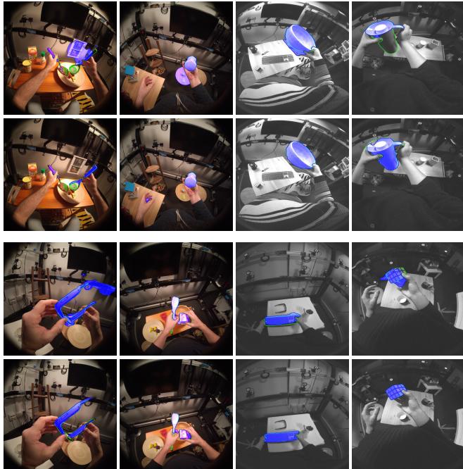 Comparison of segmentation masks between EgoHOS and Mask R-CNN.