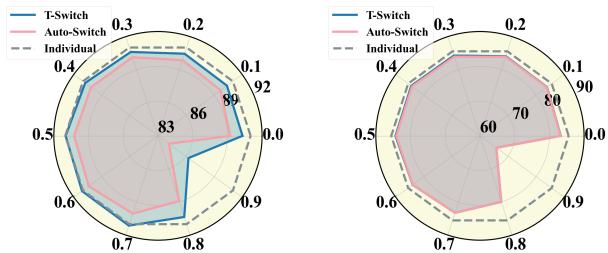 Radar charts comparing T-Switch, Auto-Switch, and Individual models on various datasets.