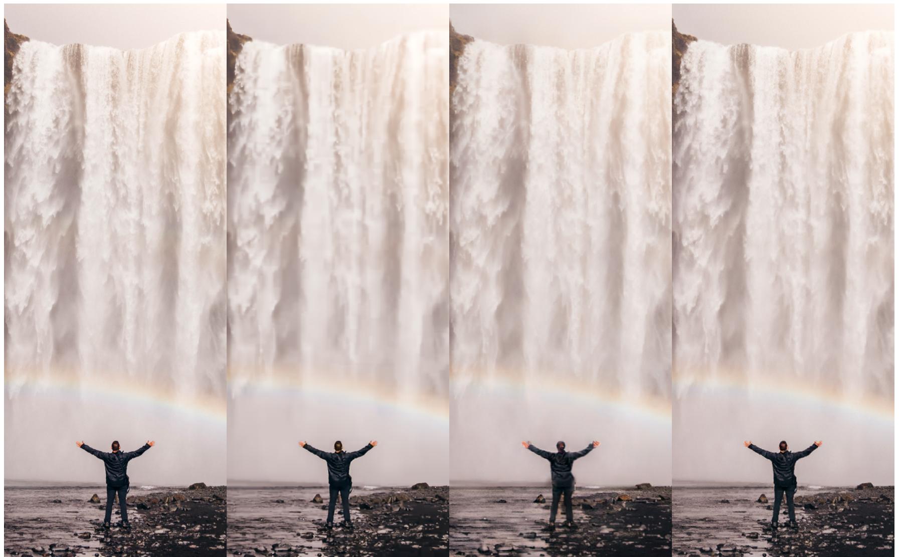 Waterfall image comparison. WD preserves foreground detail better than LPIPS while maintaining water texture.