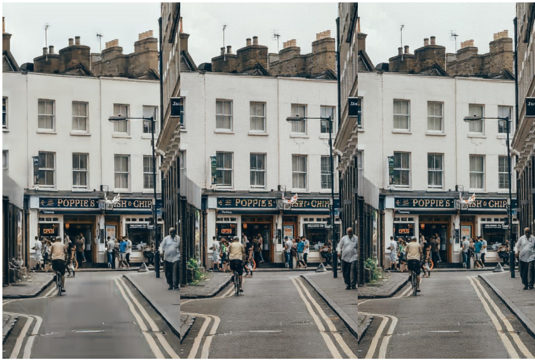 Street scene comparison. Saliency-guided WD preserves the &lsquo;POPPIE&rsquo;S&rsquo; signage while synthesizing brick textures.