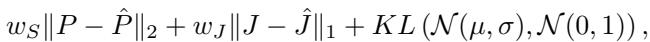 Equation: The loss function combines surface error, joint position error, and a KL divergence term for the distribution.