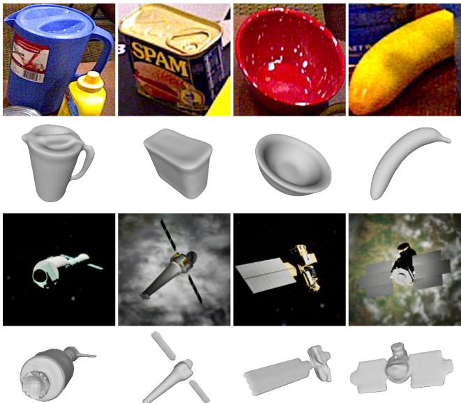 Qualitative examples of CRISP on the YCBV dataset and SPE3R dataset. Top row shows household items, bottom row shows satellites.