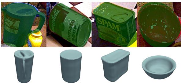 Qualitative examples of CRISP on the YCBV dataset. Top: projection of transformed reconstructed mesh. Bottom: reconstructed mesh.