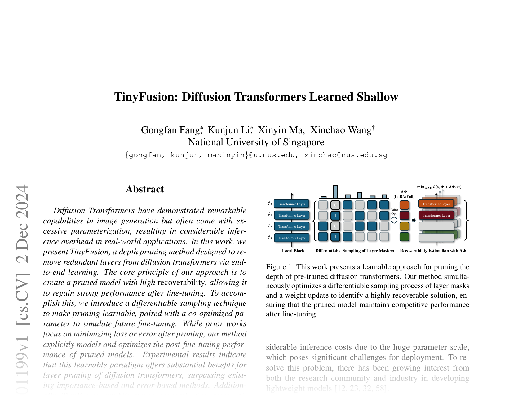 [TinyFusion: Diffusion Transformers Learned Shallow 🔗](https://arxiv.org/abs/2412.01199)