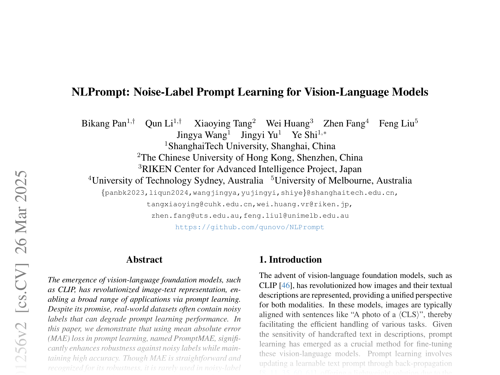 [NLPrompt: Noise-Label Prompt Learning for Vision-Language Models 🔗](https://arxiv.org/abs/2412.01256)