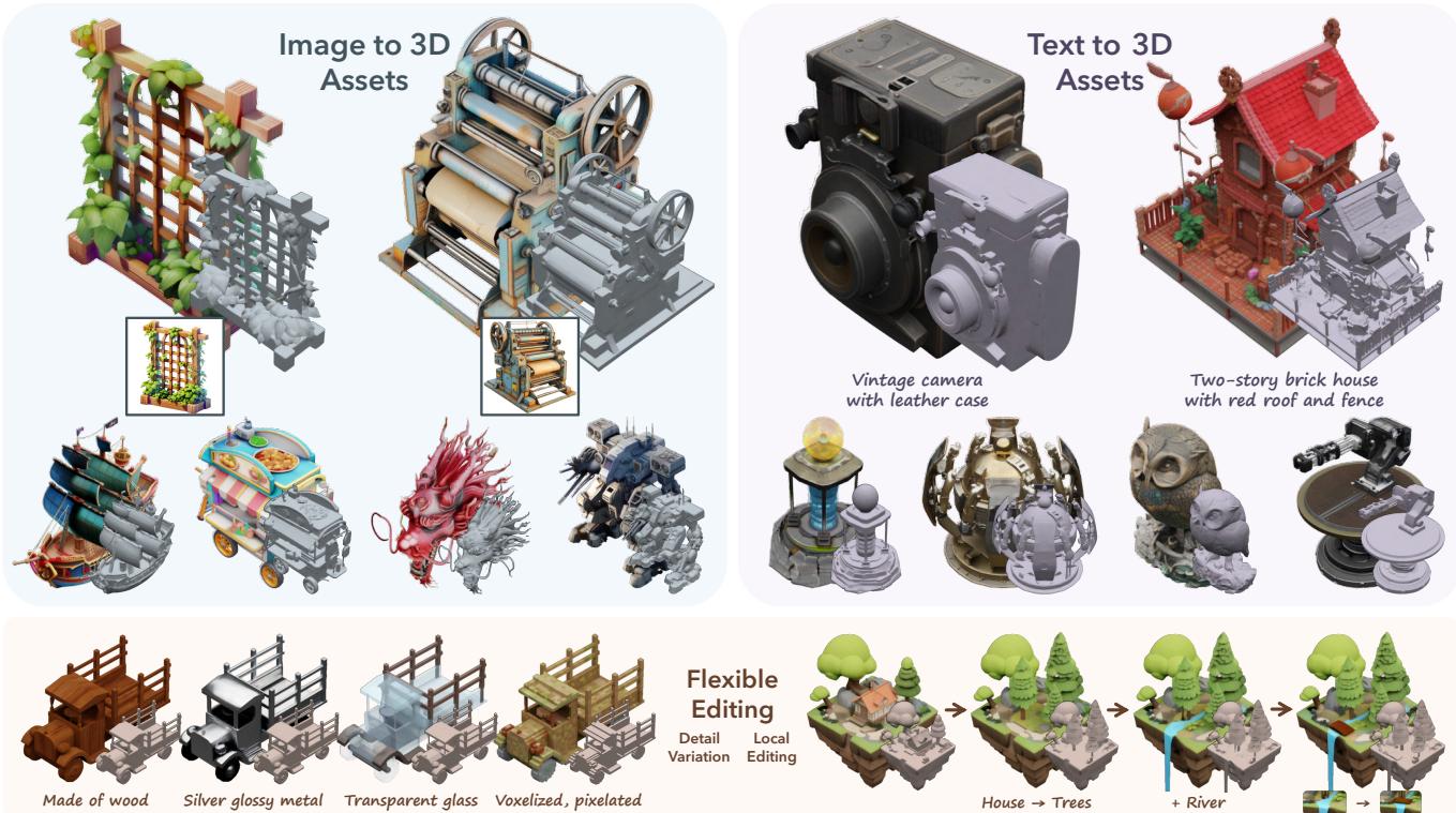 A collage showing high-quality 3D assets generated by TRELLIS from text and image prompts, including a wooden trellis, a vintage camera, and editable wagons.
