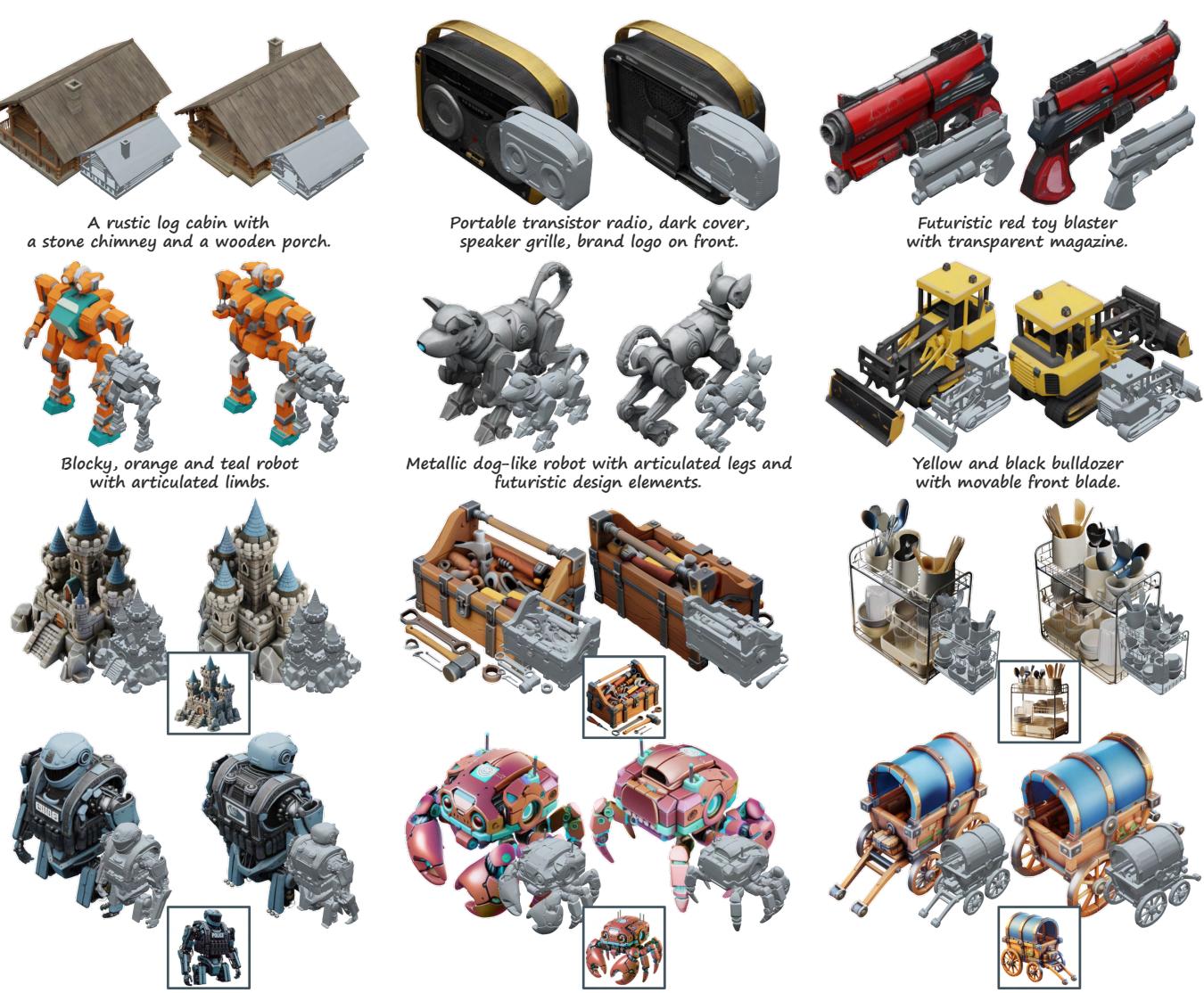 A gallery of high-quality 3D assets, including a log cabin, a retro radio, and robots, generated by TRELLIS.