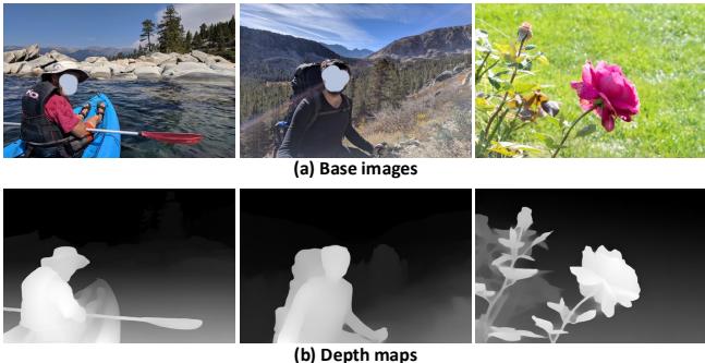 Figure 7. Base images and their corresponding depth maps used for bokeh simulation.
