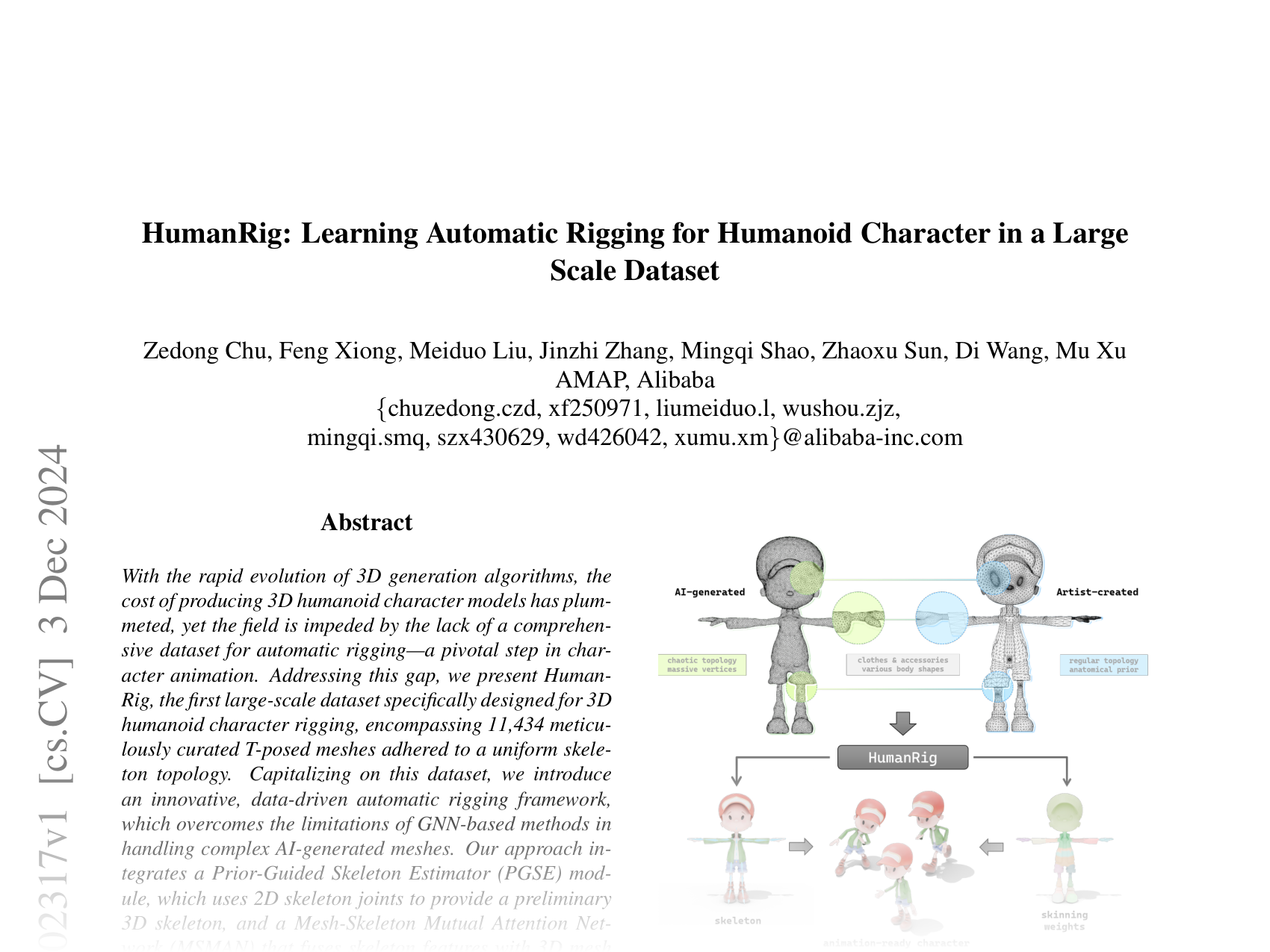[HumanRig: Learning Automatic Rigging for Humanoid Character in a Large Scale Dataset 🔗](https://arxiv.org/abs/2412.02317)
