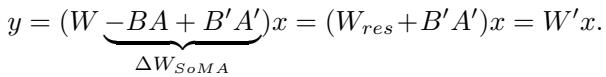 The SoMA forward pass equation showing the residual and adapted components.