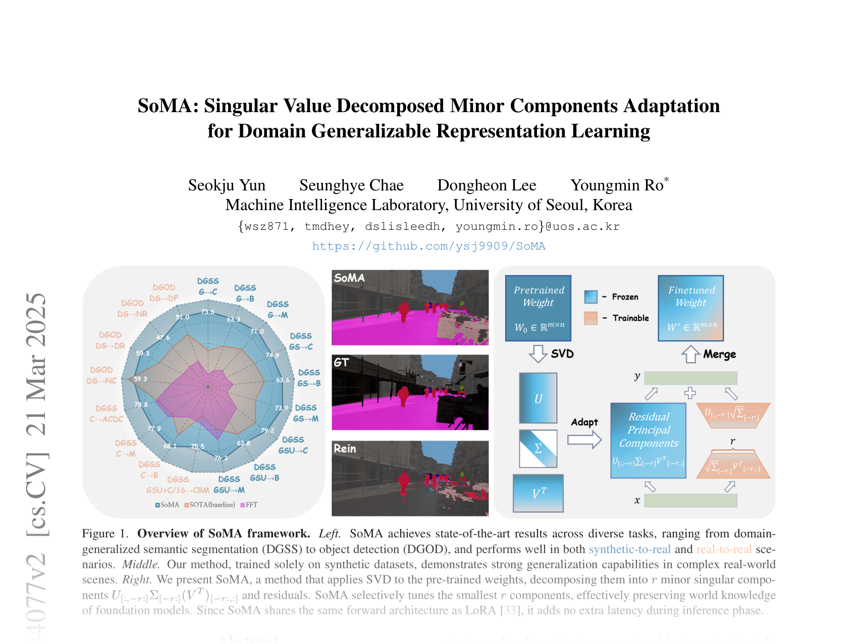 [SoMA: Singular Value Decomposed Minor Components Adaptation for Domain Generalizable Representation Learning 🔗](https://arxiv.org/abs/2412.04077)