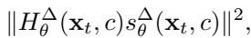 The proposed detection metric: Norm of the Hessian-vector product of the score difference.