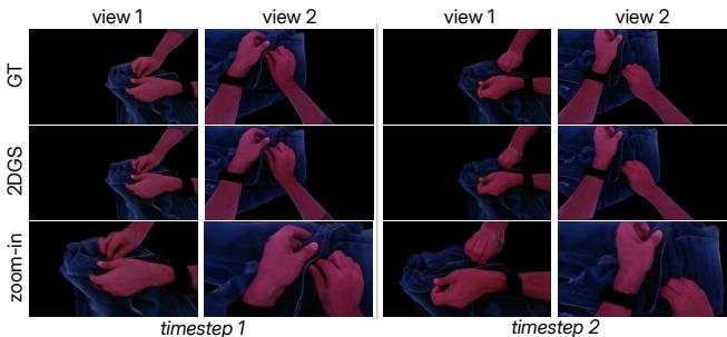 Figure 8. Synthesized test views using 2DGS for the motion ‘zip up the pants,displayed at two timesteps and from two viewpoints. The synthesized views faithfully reconstruct the scene by leveraging the ample camera views provided by GigaHands.