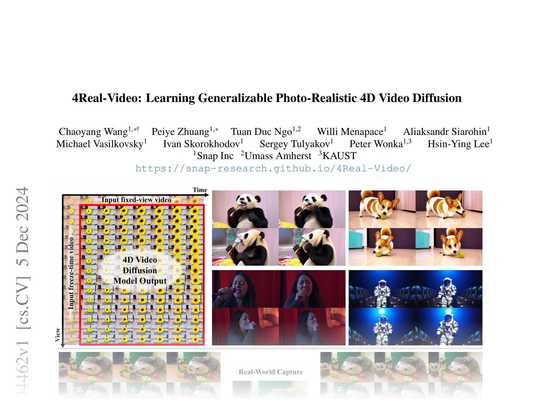 [4Real-Video: Learning Generalizable Photo-Realistic 4D Video Diffusion 🔗](https://arxiv.org/abs/2412.04462)