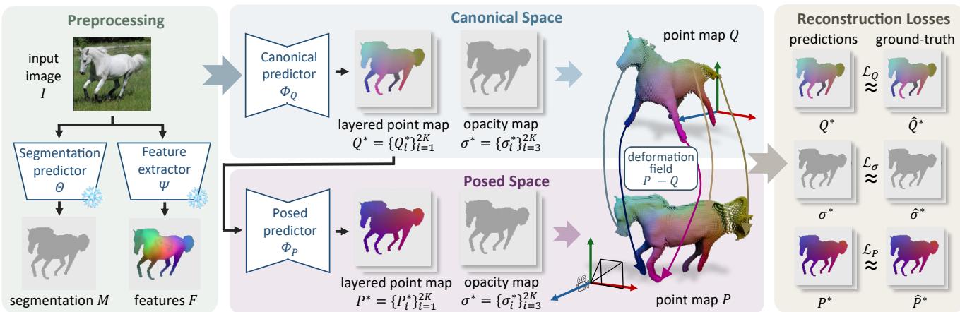 Figure 3. Method overview showing the architecture. Input image I is processed into features F. A canonical predictor generates Q. Conditioned on Q, the posed predictor generates P.