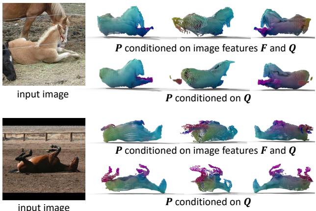 Figure 7. Ablation study showing that conditioning solely on Canonical maps Q leads to better generalization than conditioning on image features F.