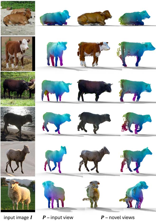 Figure A8. Results on unseen categories. A model trained only on horses generalizes to reconstruct cows and sheep.