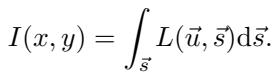 Equation 1: Integrating the light field function L over the aperture s to get the image intensity I.