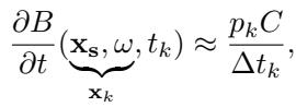 Equation 6 showing the temporal brightness derivative across spatial and angular dimensions.