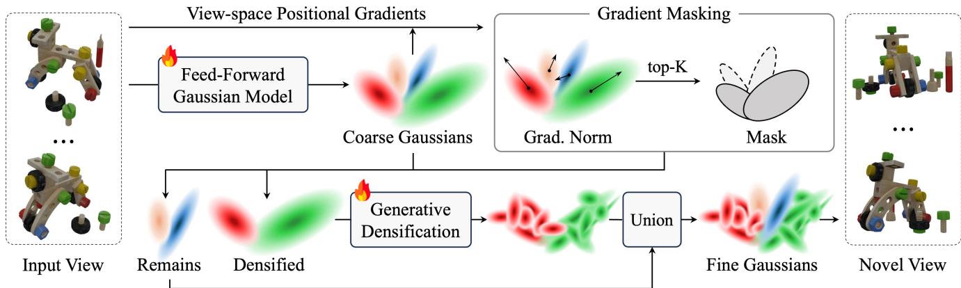 Figure 2. Generative Densification overview. We selectively densifies the top K Gaussians with large view-space positional gradients.