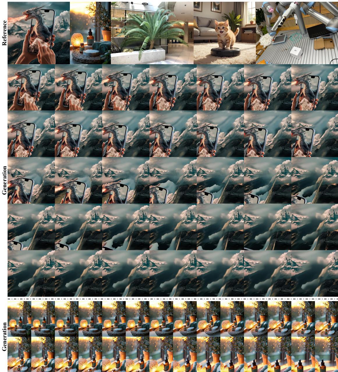 Examples of long-sequence generation. The model maintains consistency as the camera moves through mountains or a room.