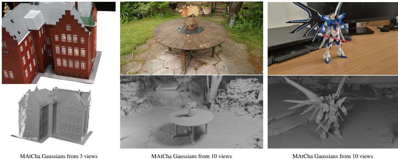 Composite image displaying four separate scenes arranged in two rows comparing real images with MAtCha Gaussian reconstructions.