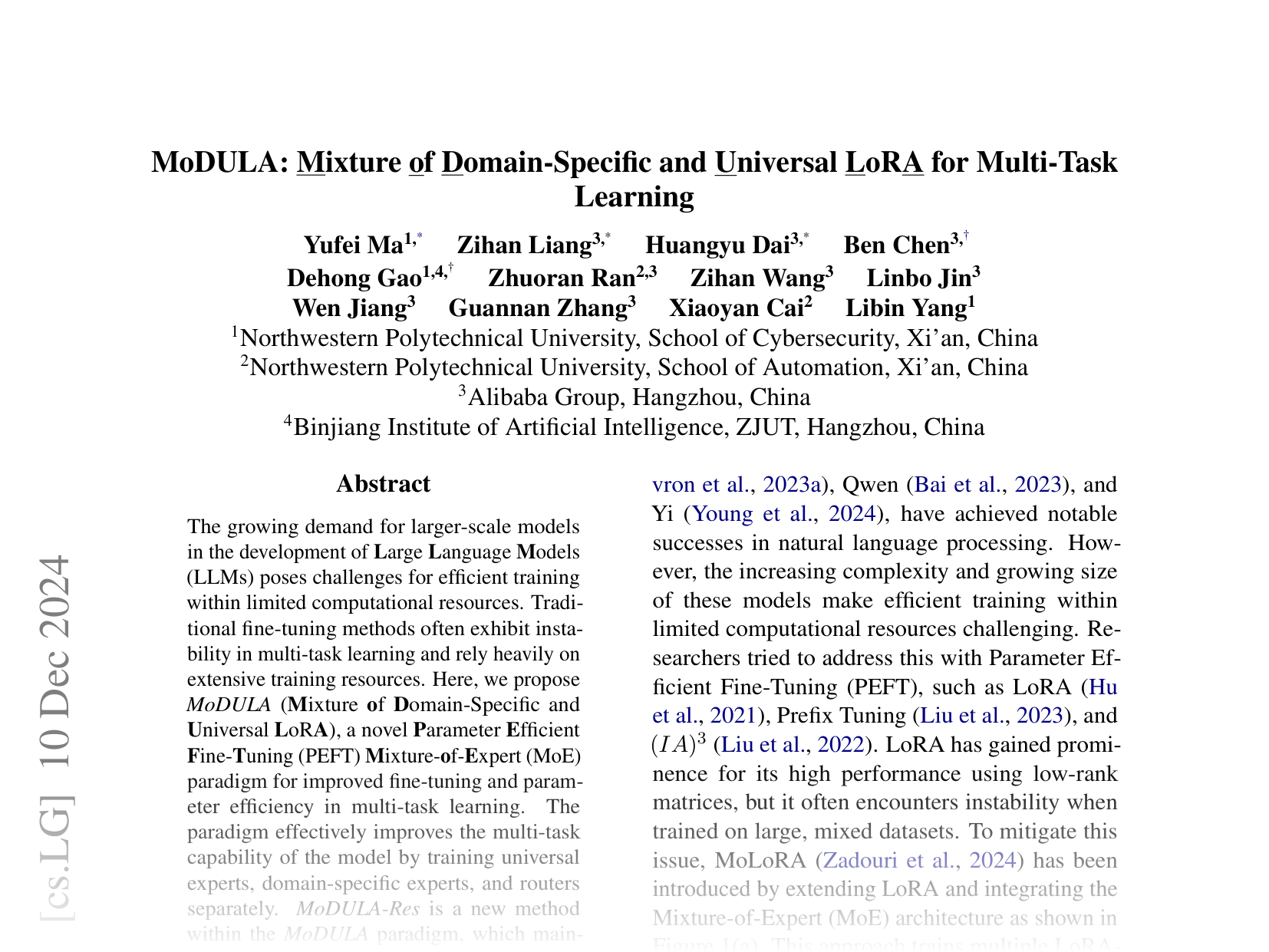 [MoDULA: Mixture of Domain-Specific and Universal LoRA for Multi-Task Learning 🔗](https://arxiv.org/abs/2412.07405)