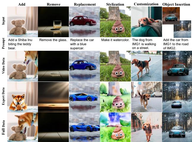 Figure 9. Ablation study for the training data. The model trained only on video data could master many editing tasks.