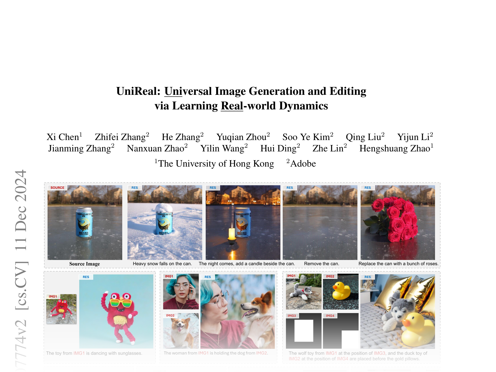 [UniReal: Universal Image Generation and Editing via Learning Real-world Dynamics 🔗](https://arxiv.org/abs/2412.07774)