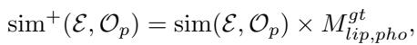 ]\n\\mathrm { s i m } ^ { + } ( \\mathcal { E } , \\mathcal { O } _ { p } ) = \\mathrm { s i m } ( \\mathcal { E } , \\mathcal { O } _ { p } ) \\times M _ { l i p , p h o } ^ { g t } ,\n[