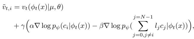 ]\n\\begin{array} { r l } & { \\tilde { v } _ { t , i } = v _ { t } ( \\phi _ { t } ( x ) | \\mu , \\theta ) } \\ & { \\qquad + \\gamma \\Big ( \\alpha \\nabla \\log p _ { \\psi } ( c _ { i } | \\phi _ { t } ( x ) ) - \\beta \\nabla \\log p _ { \\psi } \\big ( \\displaystyle \\sum _ { j = 0 , j \\neq i } l _ { j } c _ { j } | \\phi _ { t } ( x ) ) \\Big ) , } \\end{array}\n()