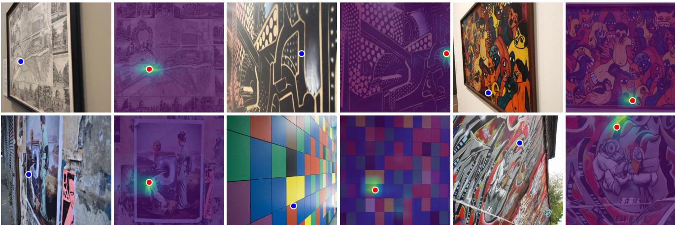 Given a pair of images consisting of target (left) and source (right) images, we visualize the attended region in the source image corresponding to a query point marked in the target image in blue, where the point with the highest attention is marked in red.