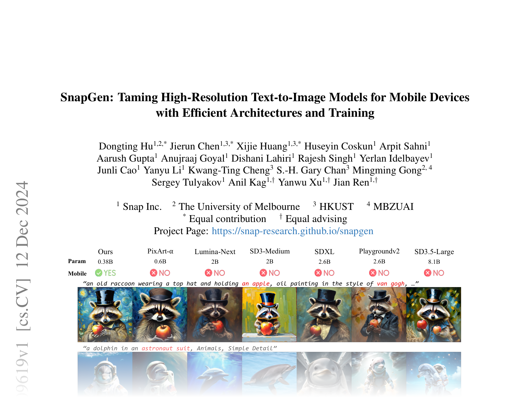 [SnapGen: Taming High-Resolution Text-to-Image Models for Mobile Devices with Efficient Architectures and Training 🔗](https://arxiv.org/abs/2412.09619)