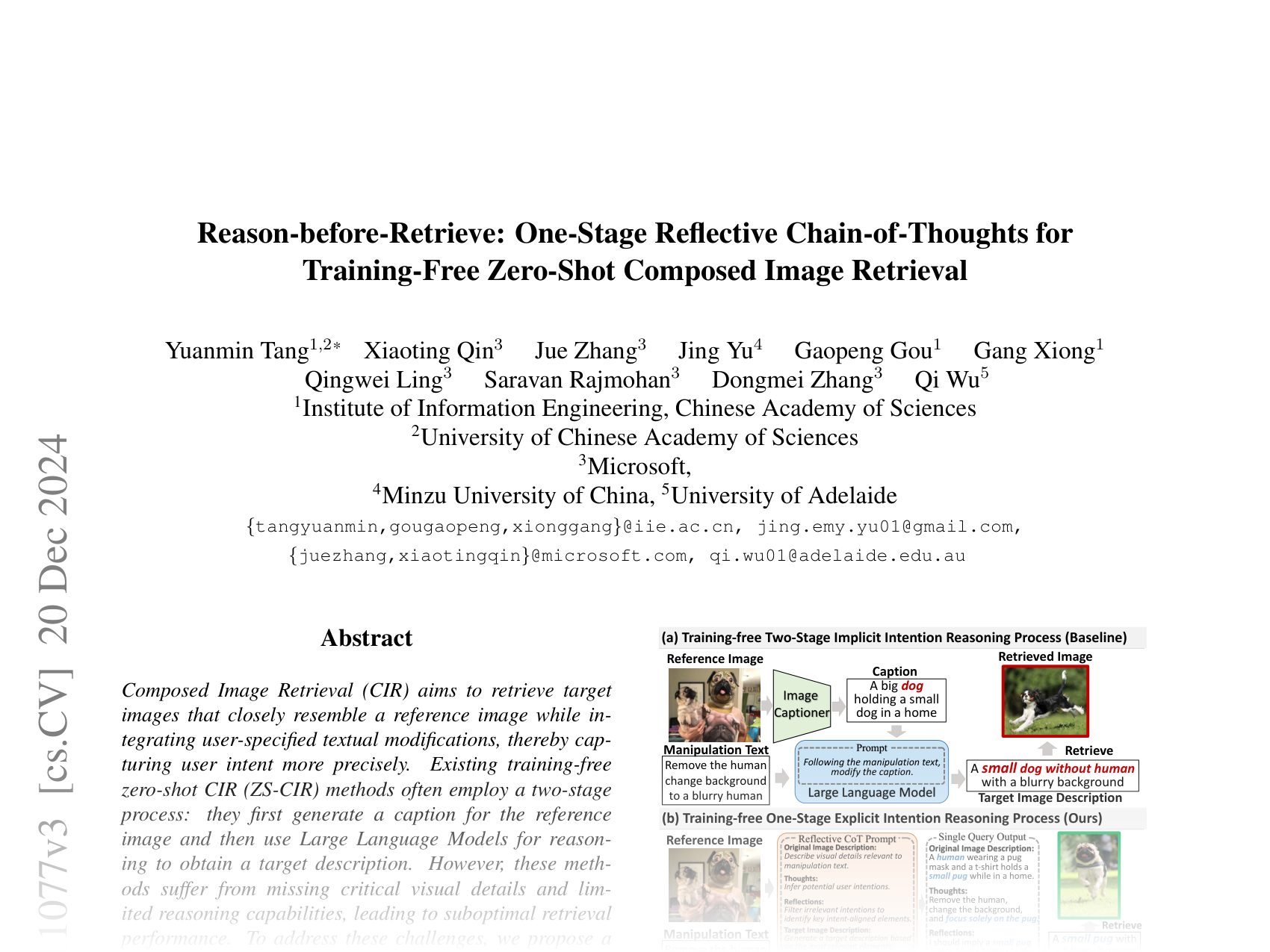 [Reason-before-Retrieve: One-Stage Reflective Chain-of-Thoughts for Training-Free Zero-Shot Composed Image Retrieval 🔗](https://arxiv.org/abs/2412.11077)